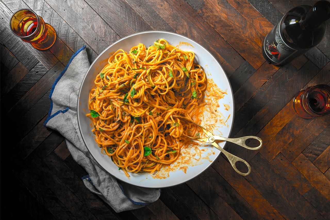Silky Roasted Bell Pepper Pasta with Zucchini Ribbons